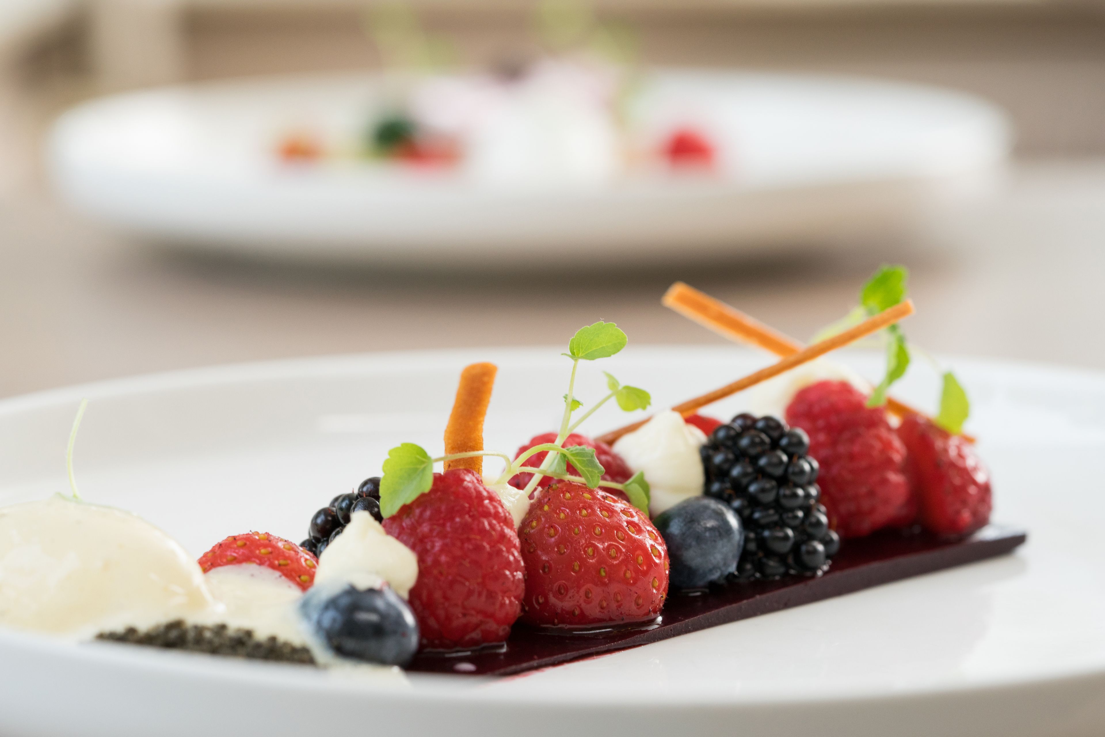 A dessert plate with strawberries, blackberries, and a chocolate sauce.