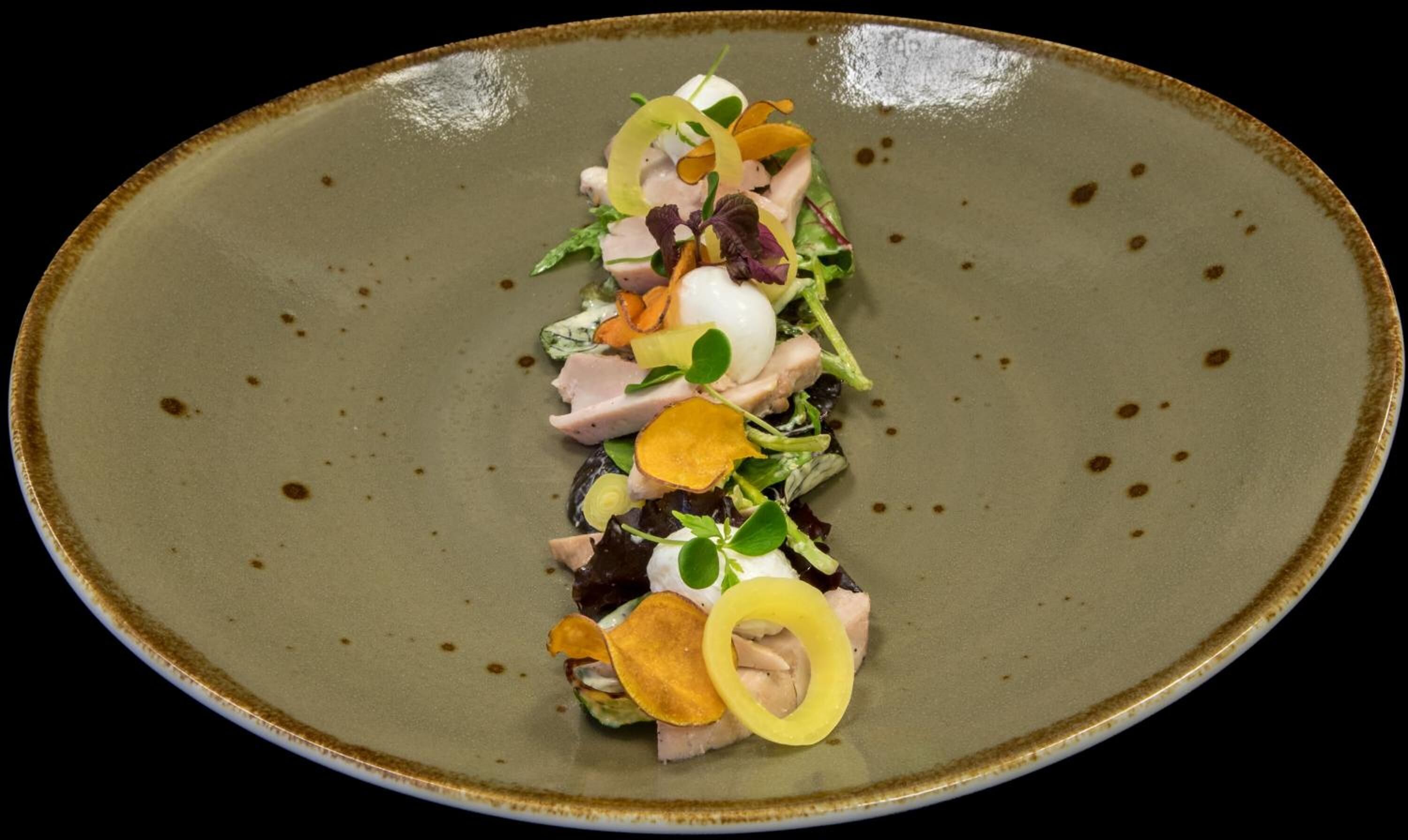 A plate with a variety of food items including meat, vegetables, and garnishes.