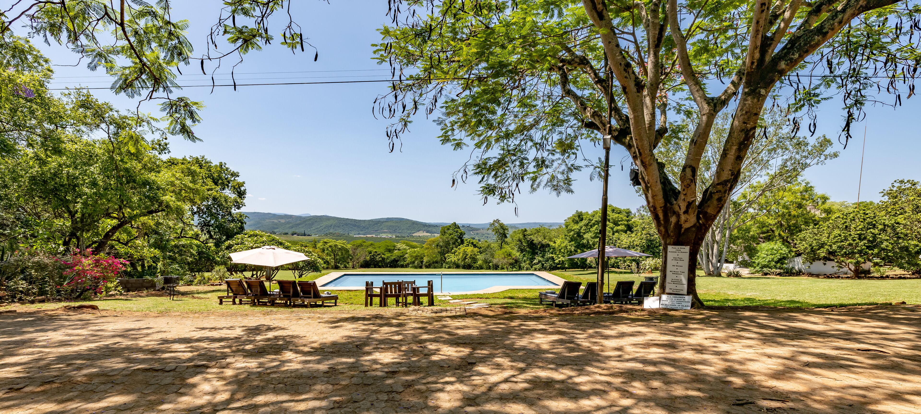 A pool area with lounge chairs and umbrellas, surrounded by trees and a view of distant hills.