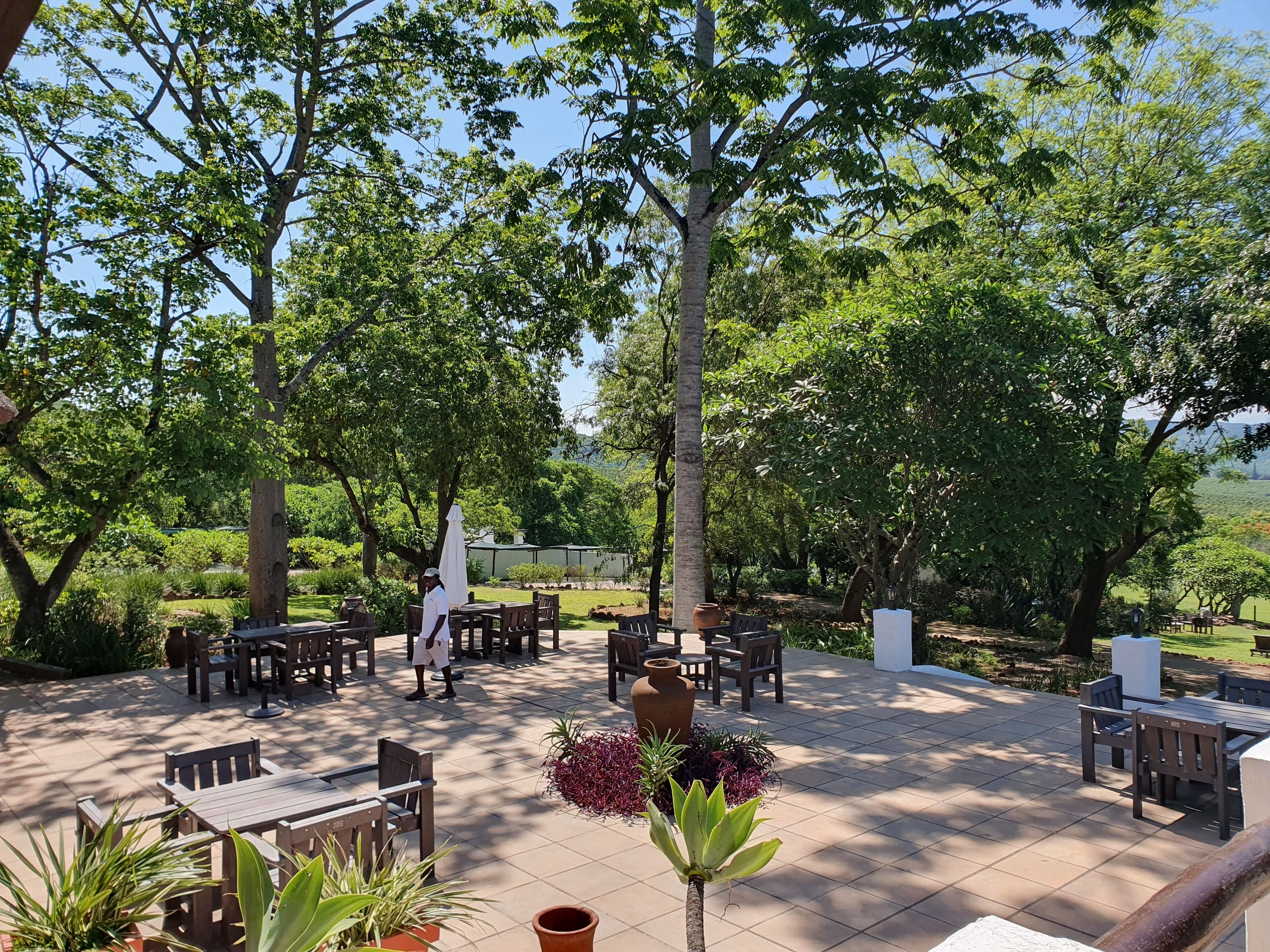 An outdoor patio area with multiple wooden tables and chairs, surrounded by lush greenery and trees.