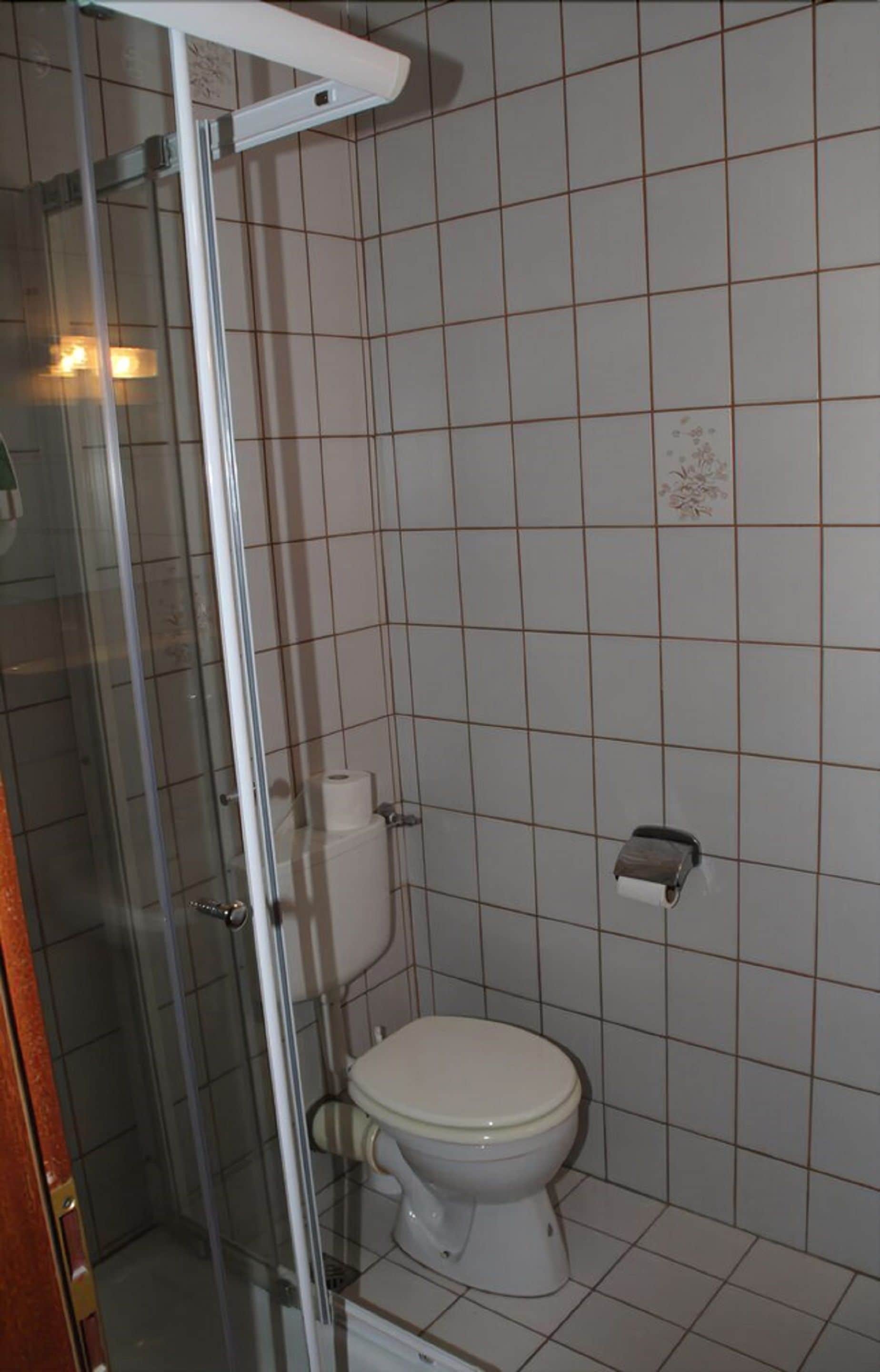 A bathroom with a toilet, a glass shower enclosure, and a toilet paper holder on the wall.