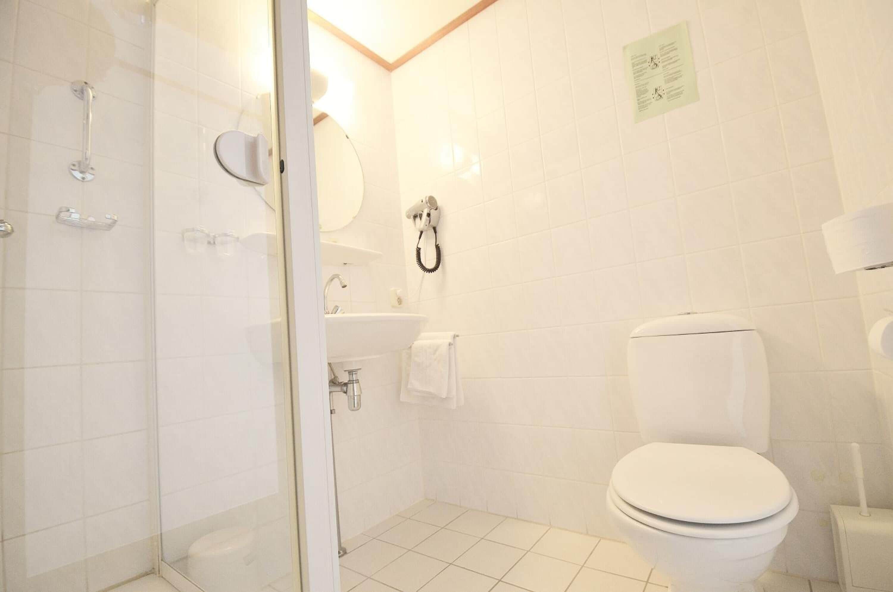 Un baño con inodoro, lavamanos y ducha.