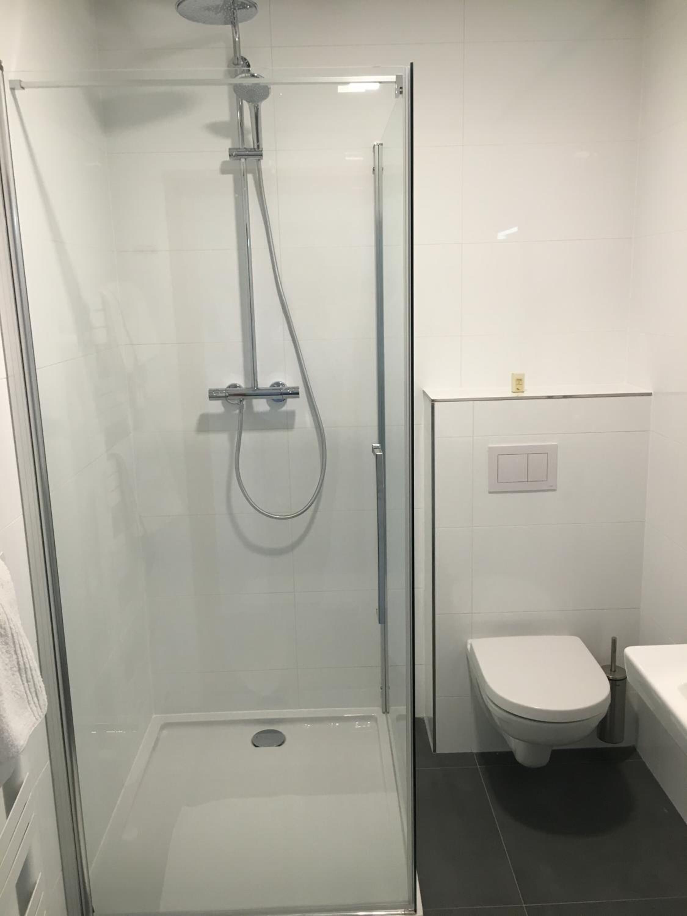 A modern bathroom with a glass-enclosed shower, a toilet, and a sink.