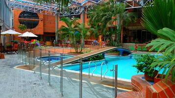 Indoor pool, open 9:00 AM to 9:00 PM, sun loungers