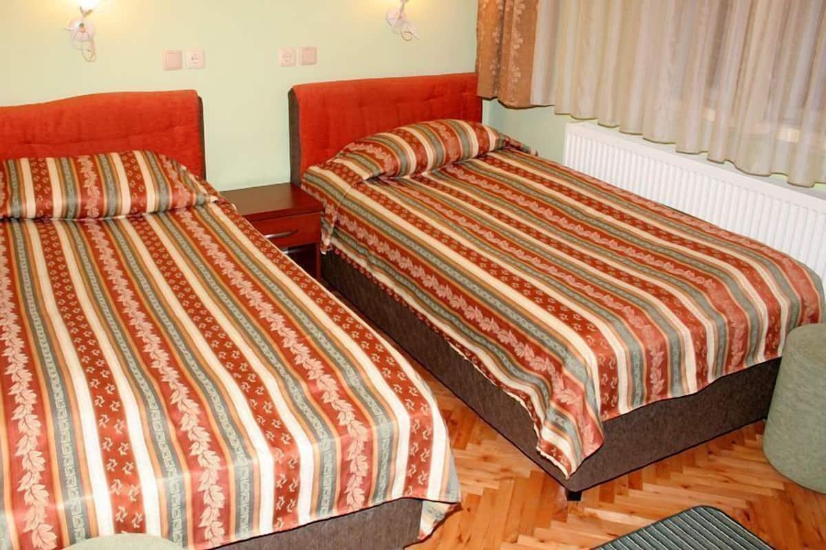 Two single beds with striped bedding, a wooden floor, and a radiator.