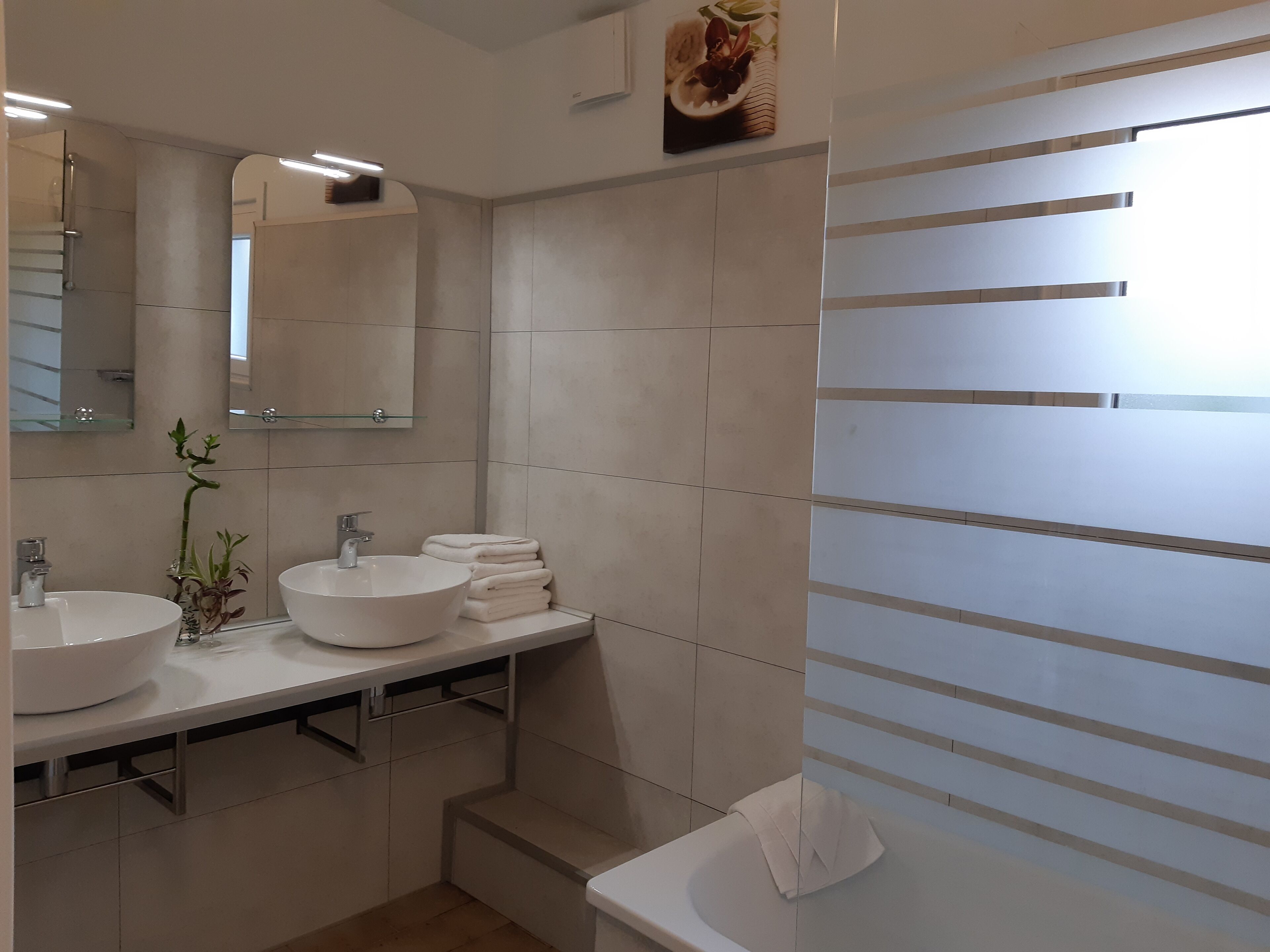 A modern bathroom with two sinks, a mirror, a towel rack, and a shower area.