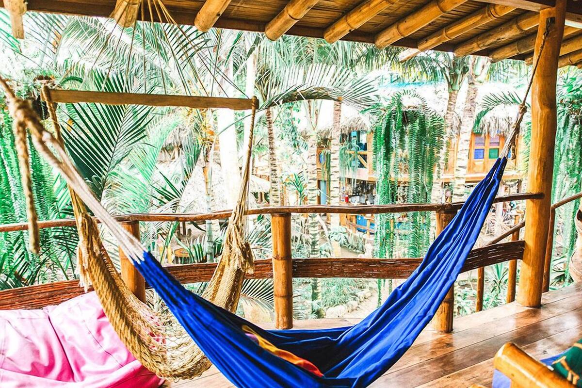 A hammock suspended between wooden beams in a wooden structure with a view of tropical foliage.