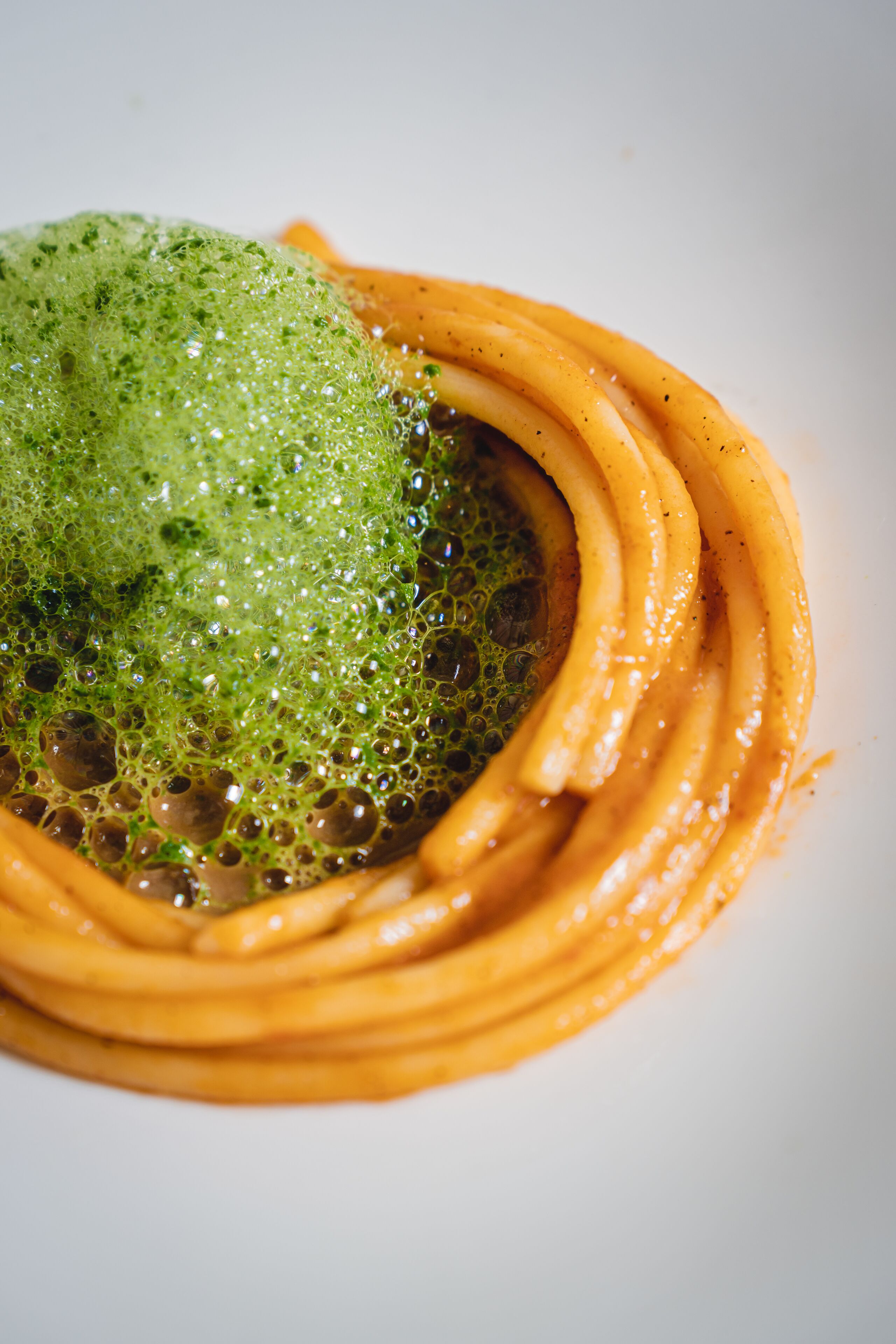 A close-up of a dish with a green, bubbly sauce and a spiral of orange noodles.