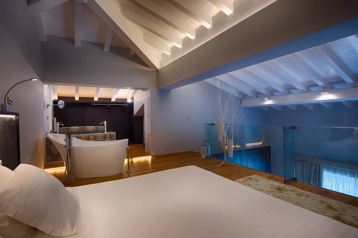 A modern bedroom with a large bed, a built-in bathtub, and a skylight.