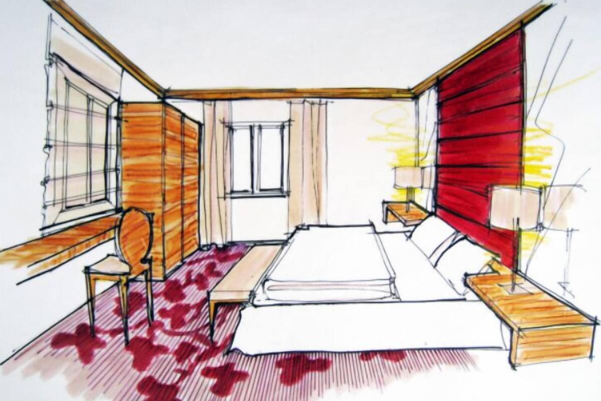 Un dormitorio con cama, una silla, una mesita de noche, una ventana y una cortina roja.