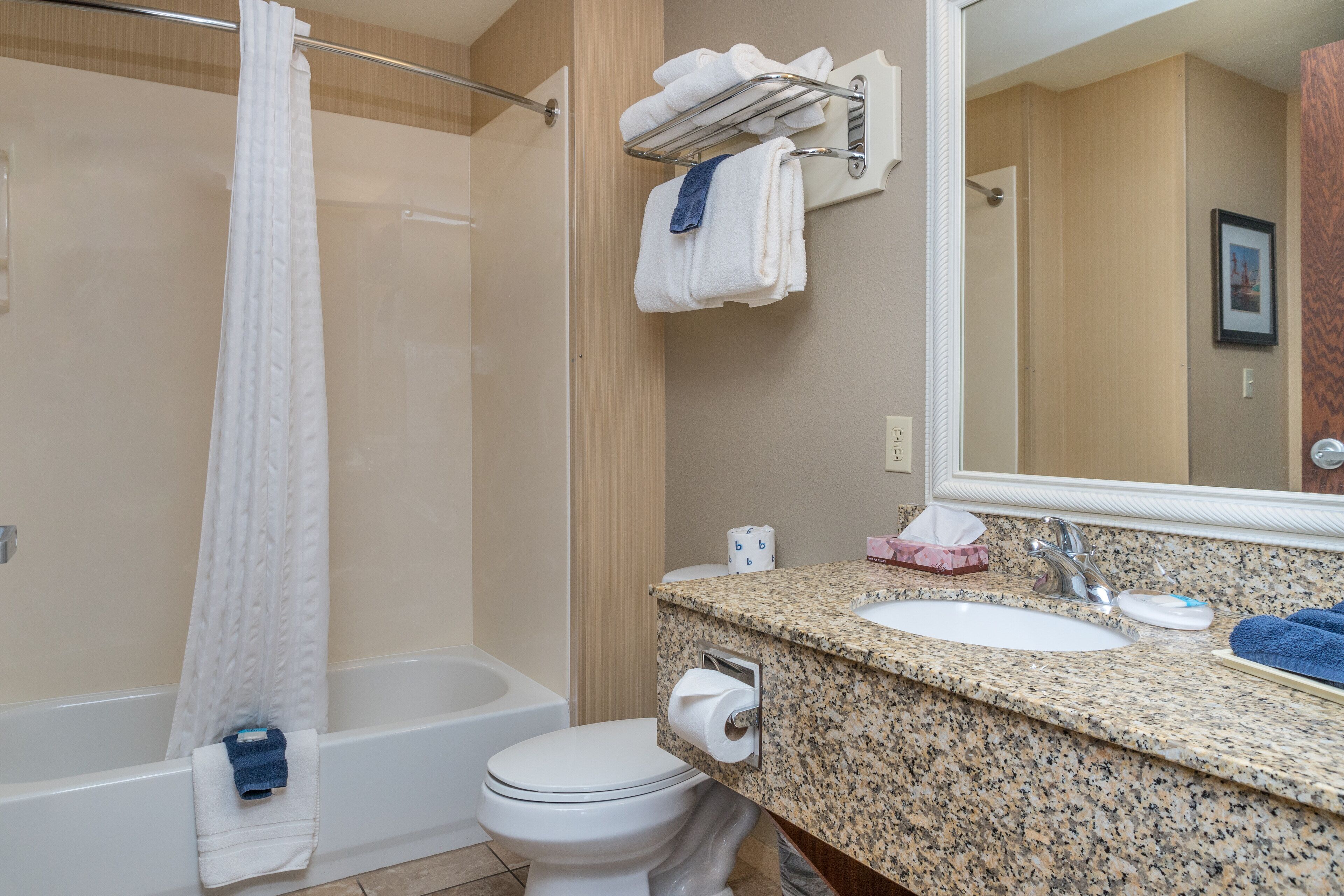 combined shower/bathtub, designer toiletries, hair dryer, towels