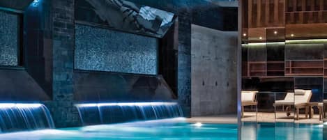 Indoor pool, outdoor pool, pool umbrellas, sun loungers