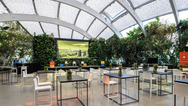 A spacious indoor area with tables and chairs, a large screen, and greenery.