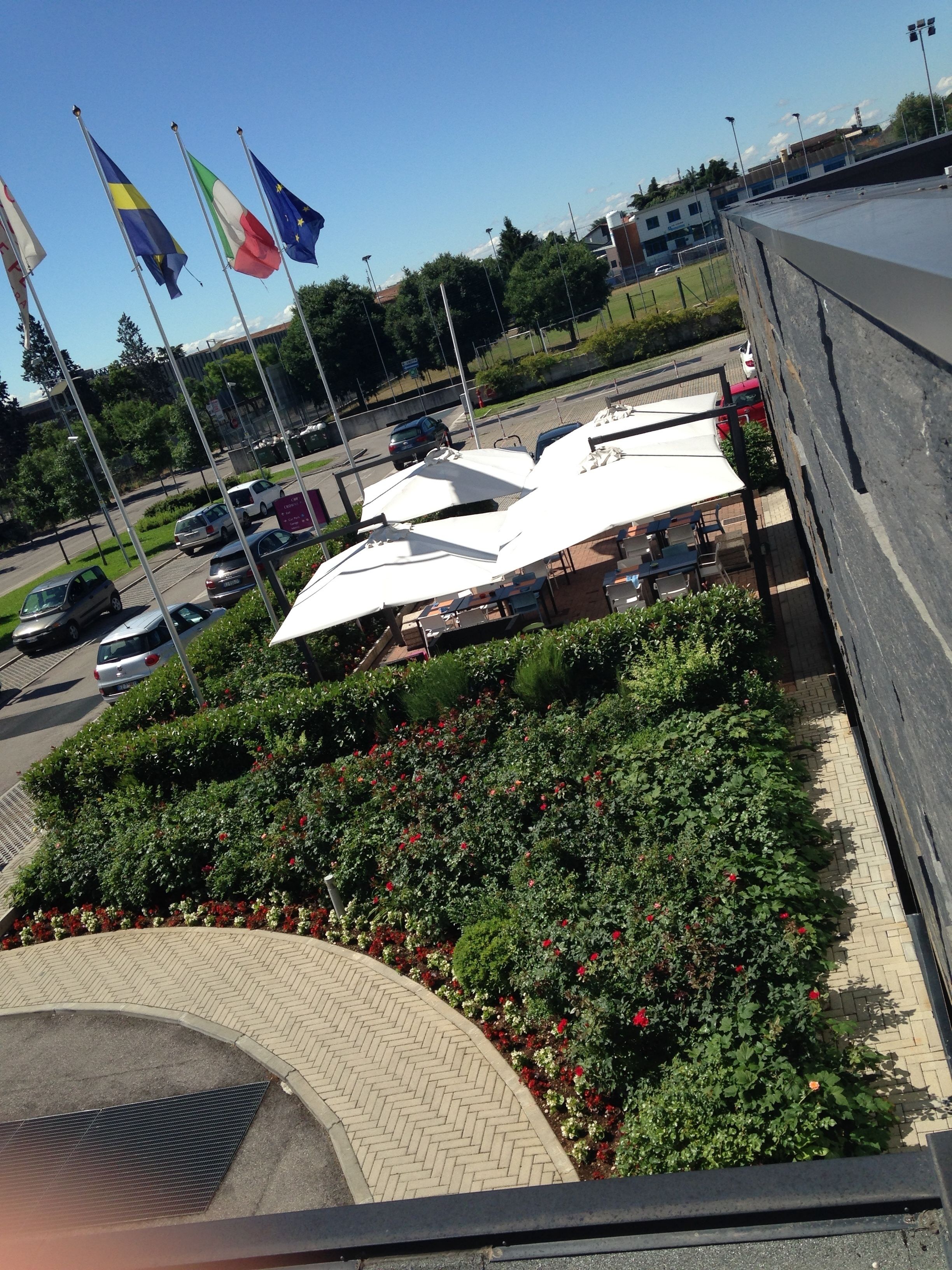 A parking area with multiple flags, a paved walkway, and a building with a flat roof.