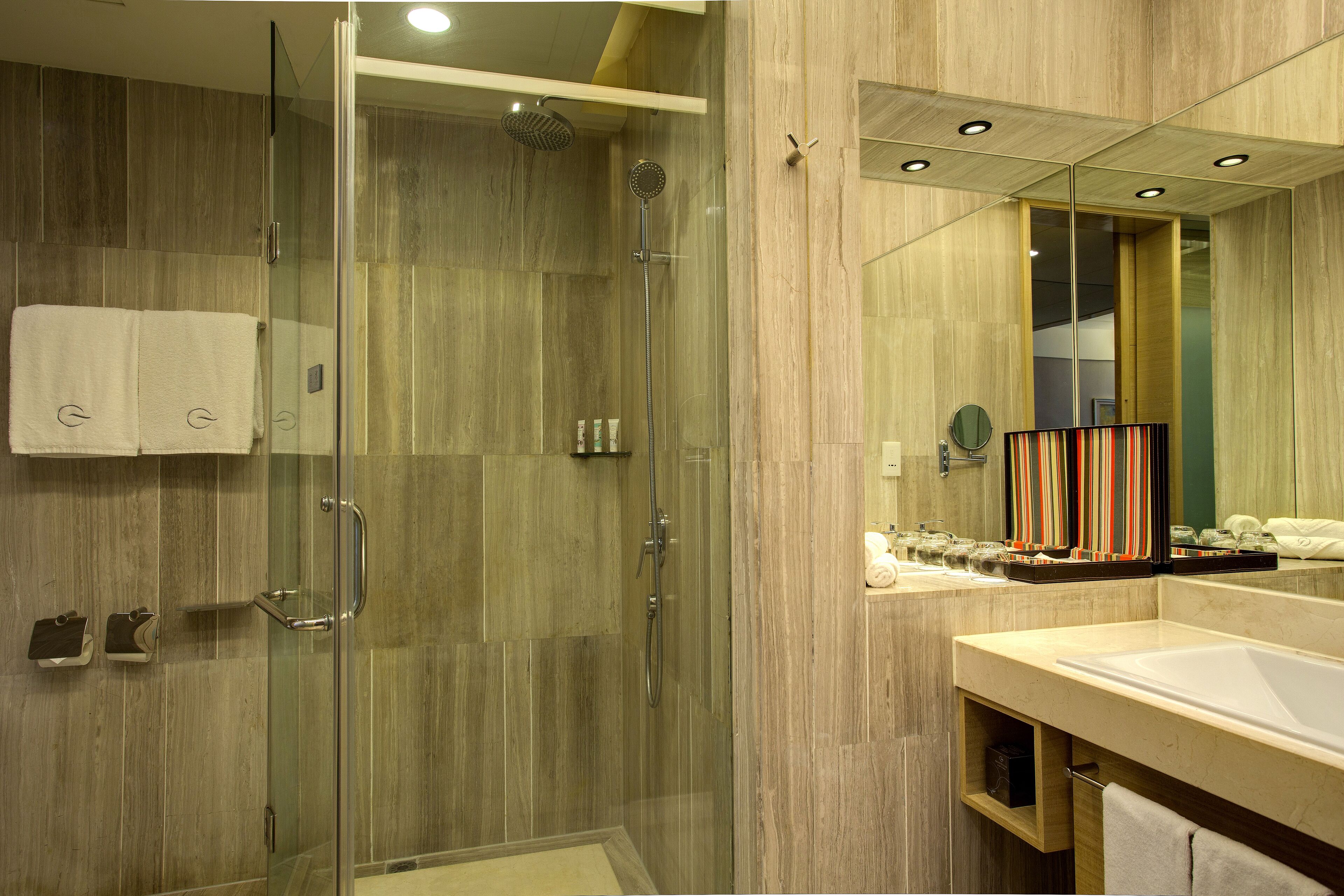 rainfall showerhead, free toiletries, hair dryer, bathrobes