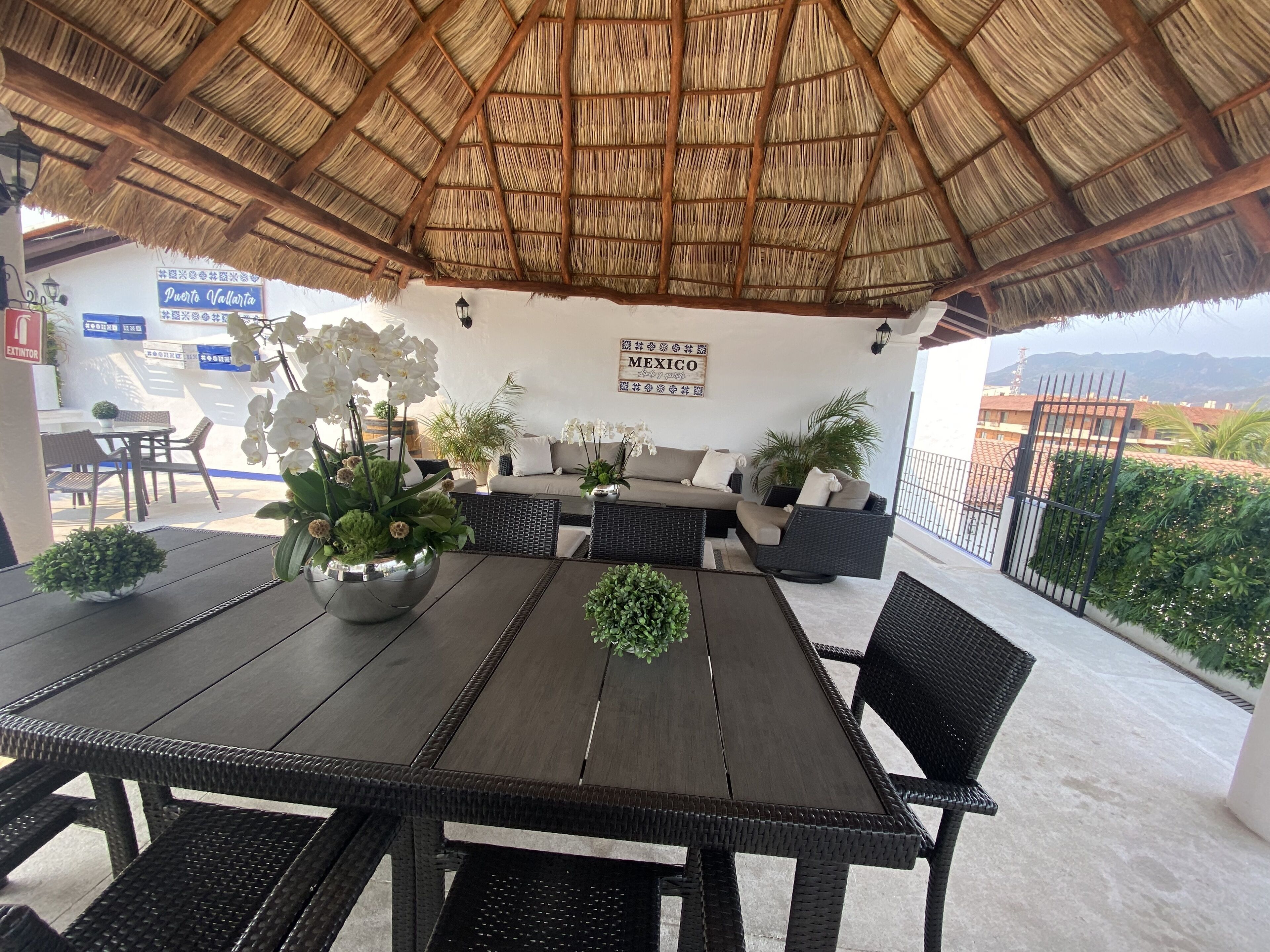 Een terras buiten met rieten dak, rieten meubels en potplanten.