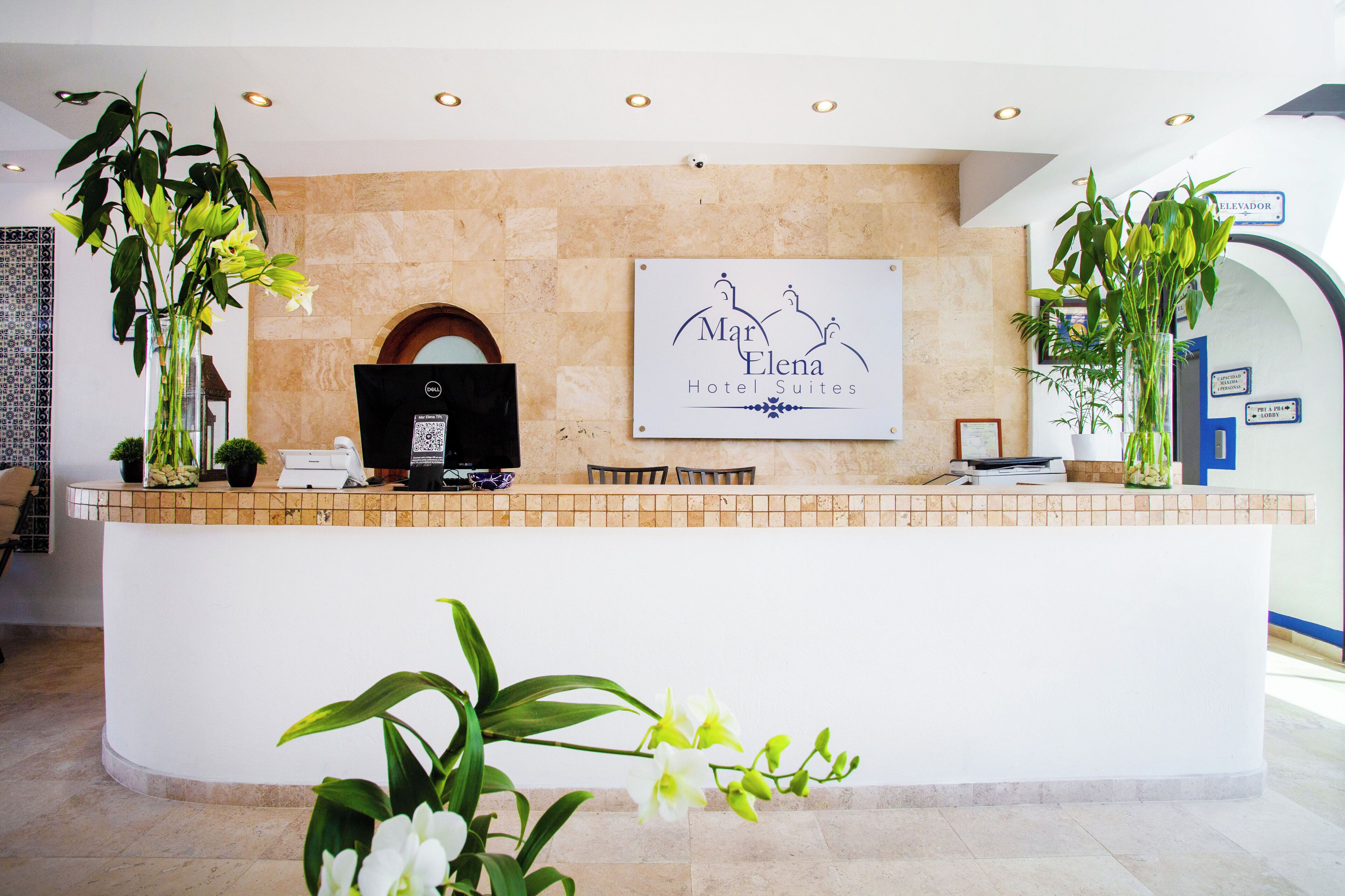 A hotel reception desk with a sign reading "Mar Elena Hotel Suites," a computer, and several potted plants.