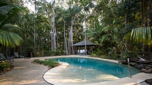 A swimming pool surrounded by palm trees and a gazebo. - Amore On Buderim Luxury Rainforest Cabins (Buderim)