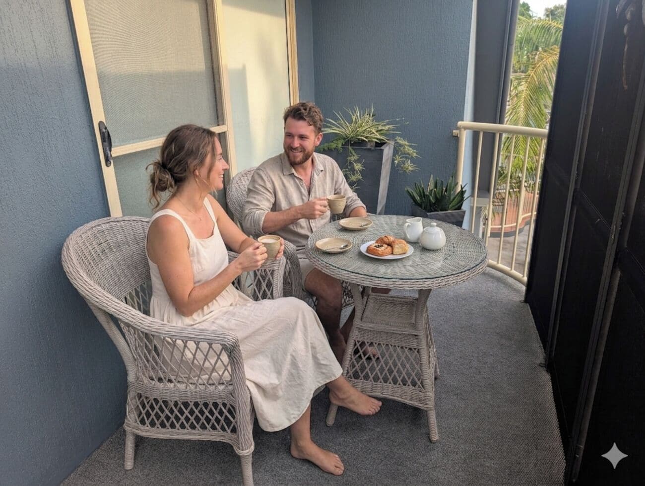 Two people sitting at a round table with a plate of pastries and a cup of coffee.
