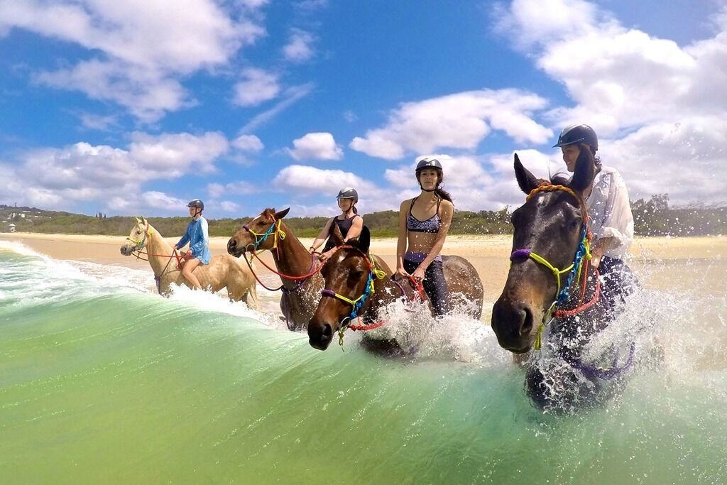 A group of people riding horses along a beach, with the ocean and a clear sky in the background.