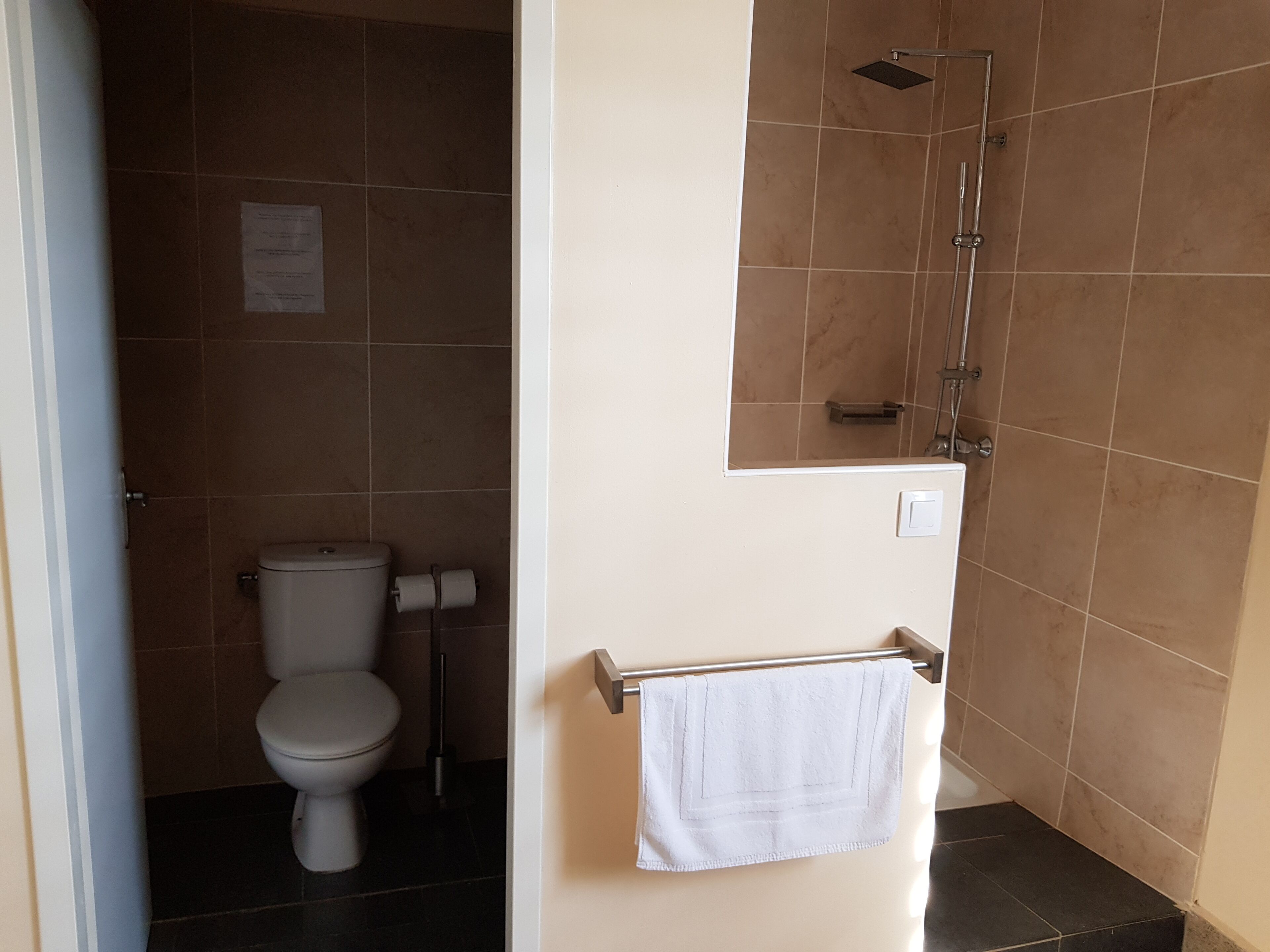 Ein Badezimmer mit Toilette, Dusche und Handtuchhalter.