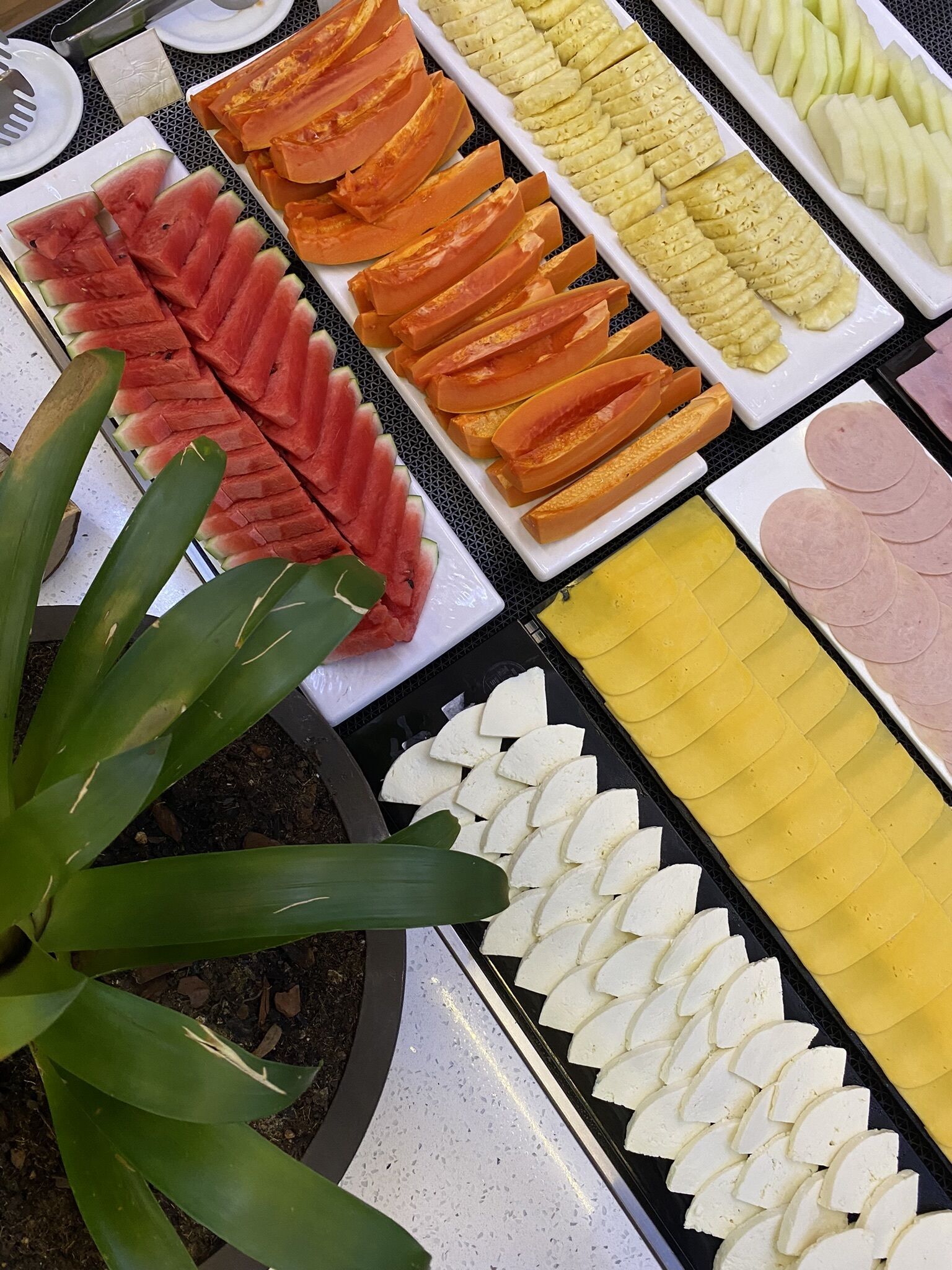 Un bufé con diferentes opciones de comida, incluyendo sandía, gajos de naranja, fruta amarilla y queso blanco.