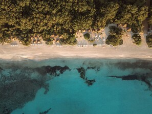 An aerial view of a beach resort with rows of beach chairs and umbrellas, a sandy beach, and clear turquoise water. - Paradisus La Perla - Adults Only - Riviera Maya - All Inclusive  (Playa del Carmen)