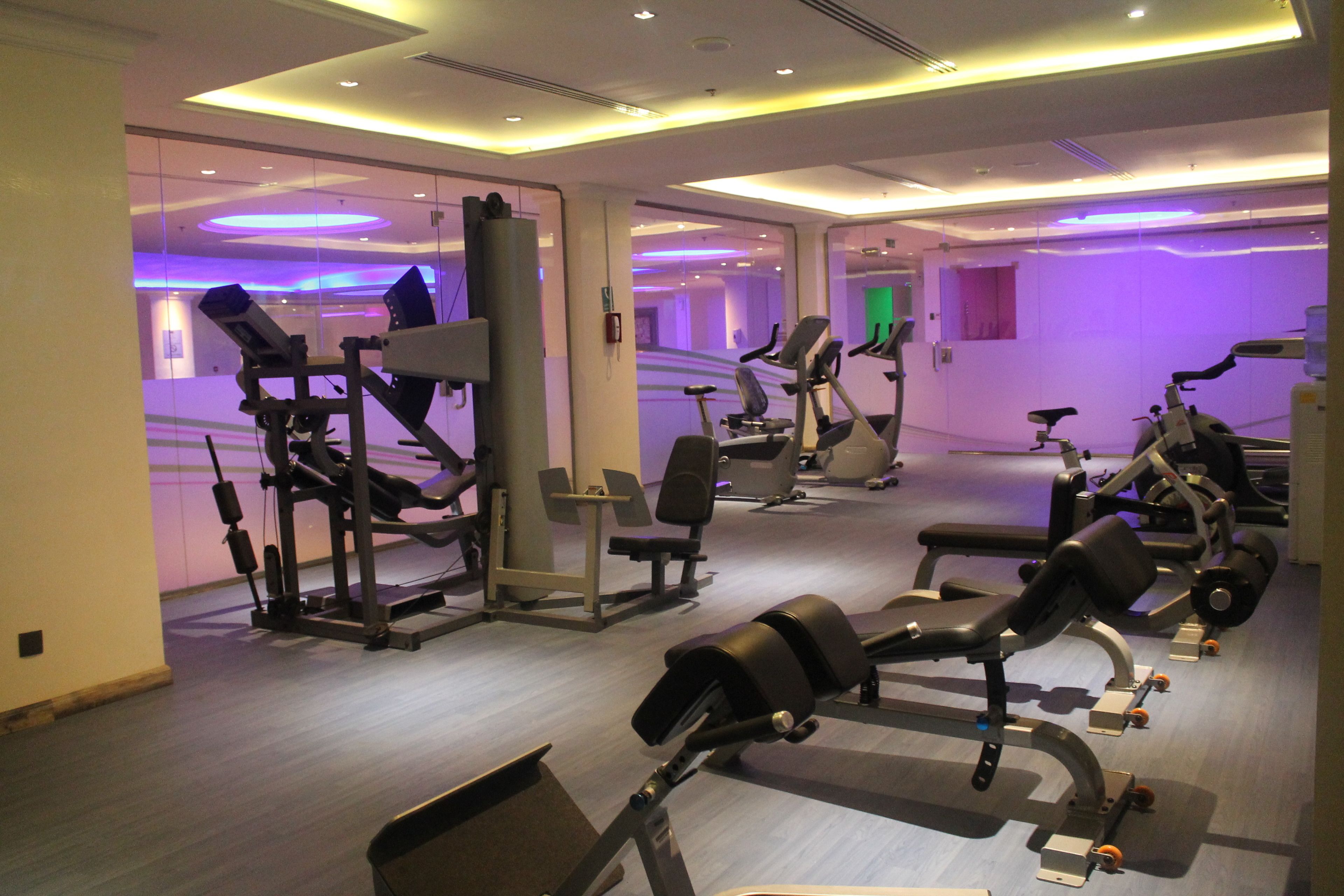 Un gimnasio moderno con diverso equipo de ejercicio, incluyendo cintas de correr y máquinas de pesas, y un diseño espacioso.