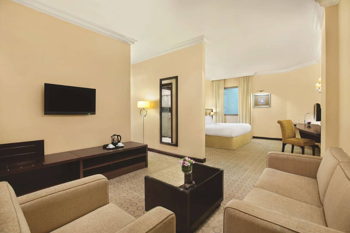 Habitación de hotel con televisión de pantalla plana, una cama, un escritorio con una silla y un sofá.