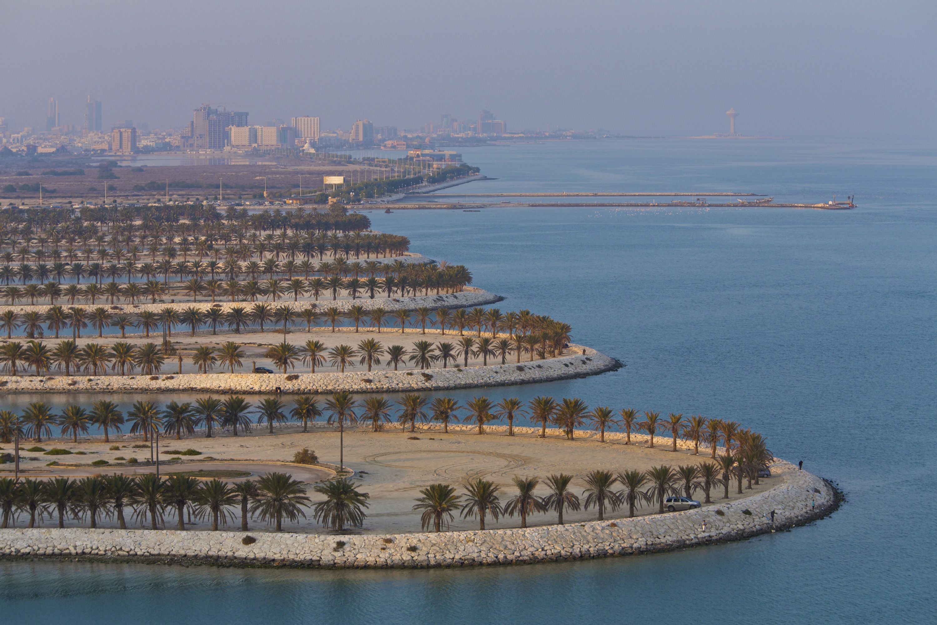 A coastal resort with palm-lined walkways, a marina, and a distant cityscape.