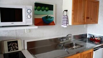Fridge, microwave, stovetop, electric kettle
