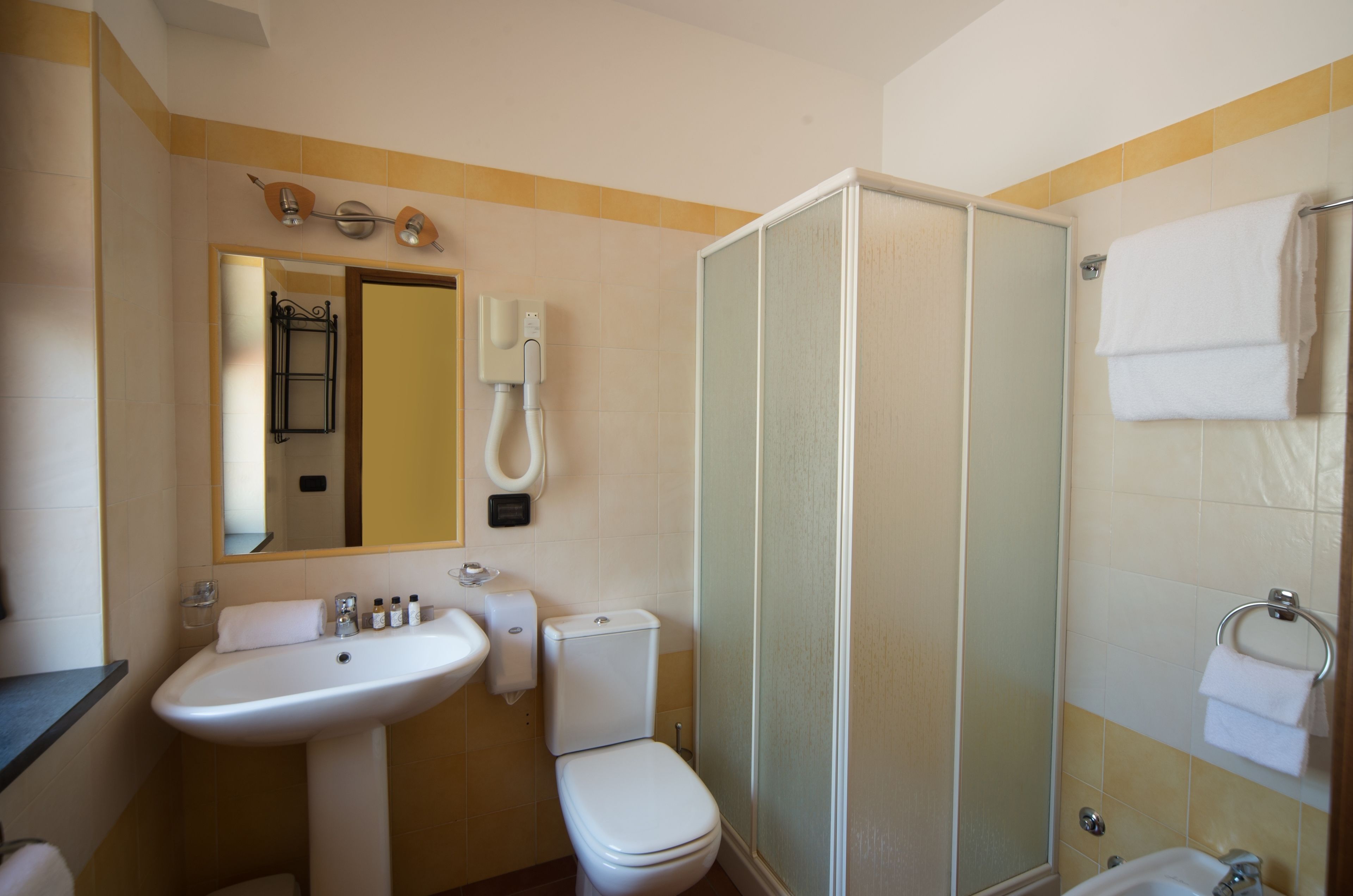 shower, hair dryer, bidet, towels