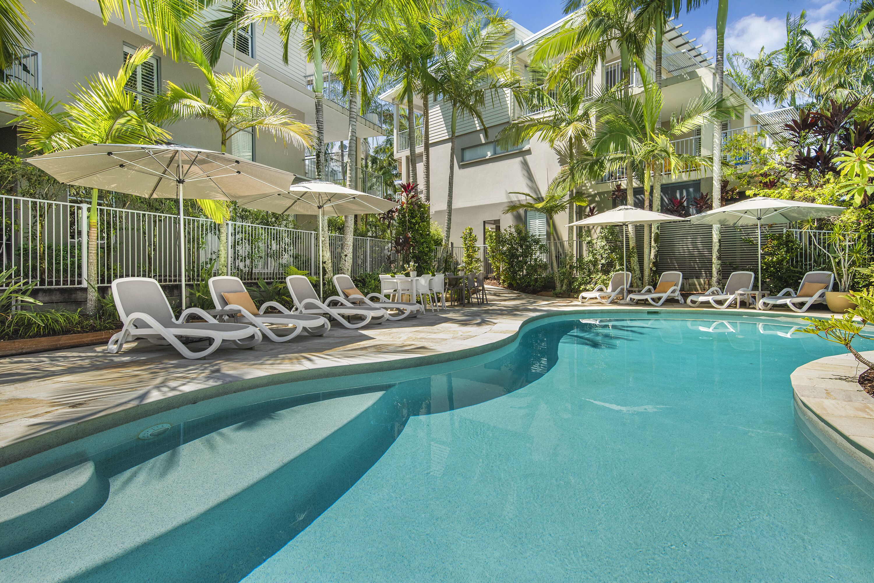 Outdoor pool, pool umbrellas, pool loungers