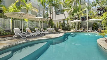 Outdoor pool, pool umbrellas, pool loungers