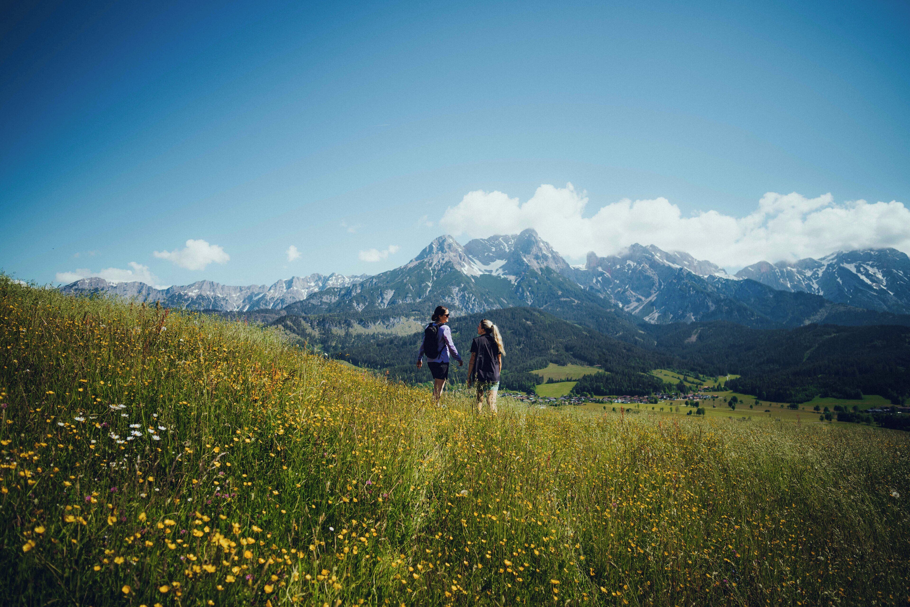 A field with two people walking, a mountain range in the background, and a small village below.
