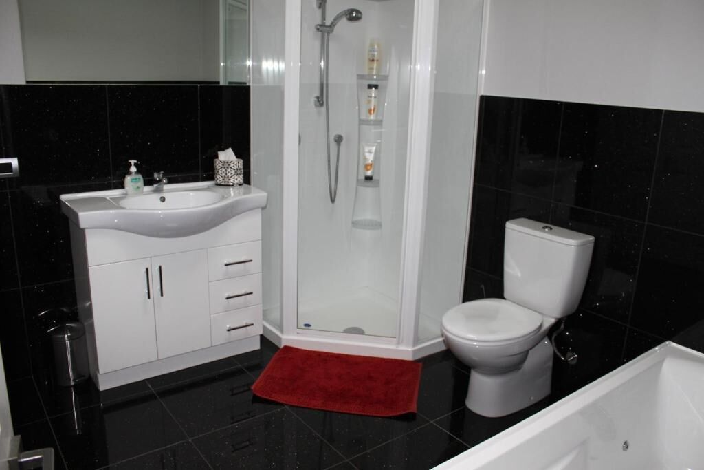 combined shower/bathtub, jetted bath, hair dryer, towels