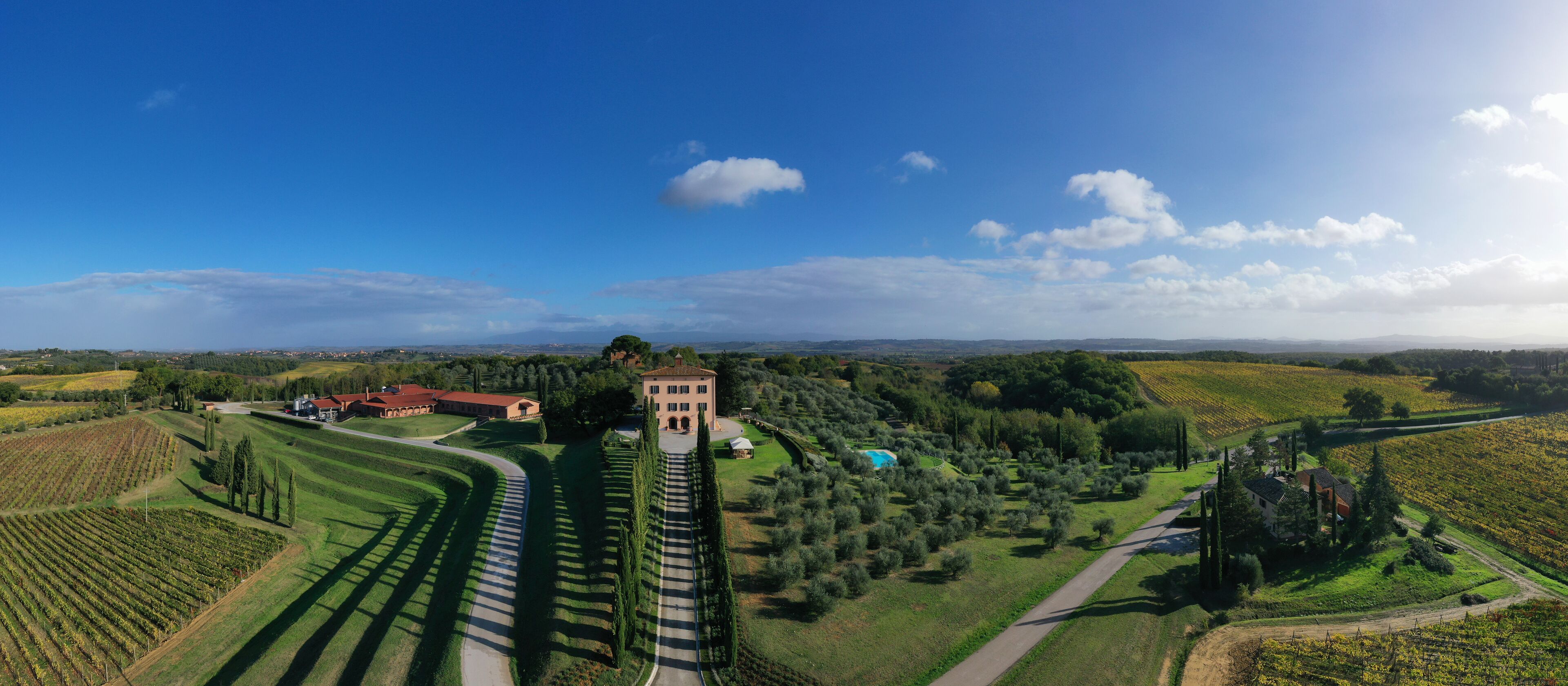 Una tenuta vinicola con filari a terrazza, un edificio centrale e cielo sereno.
