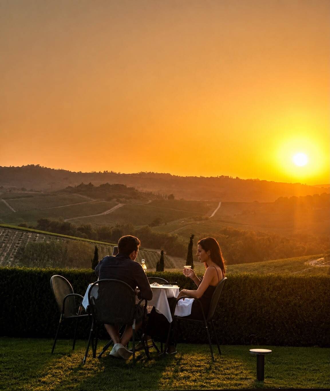 Una pareja cenando al aire libre, con vistas a un viñedo y al atardecer.