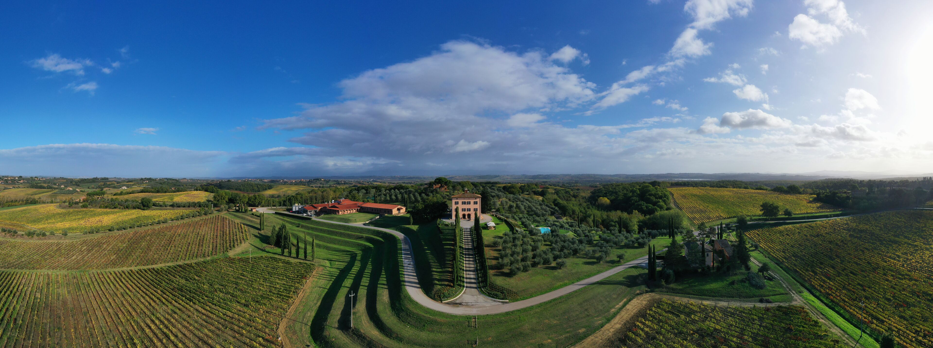 Vista aérea de un viñedo con campos en terrazas, un edificio central y vegetación circundante.