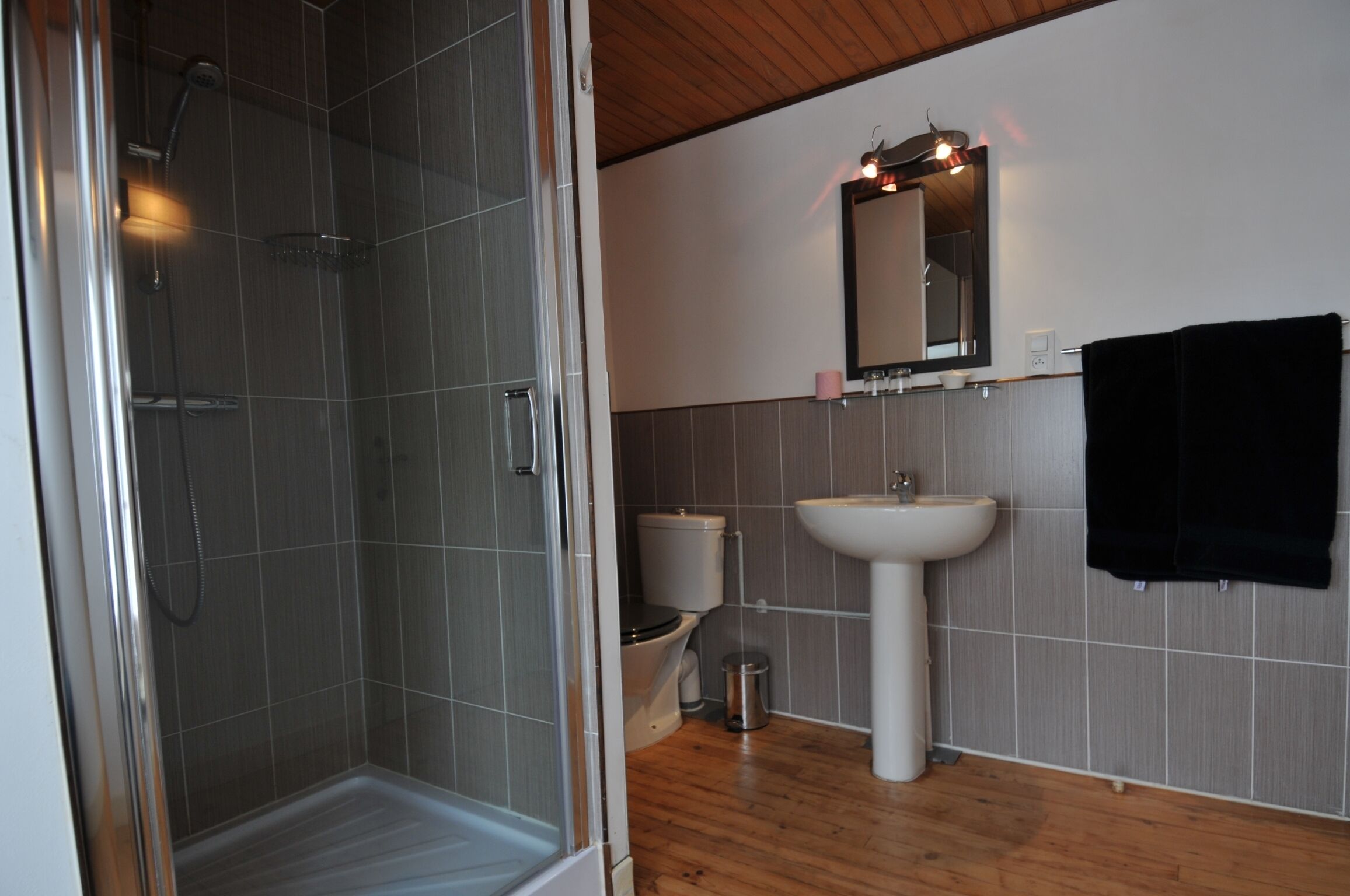Un bagno con doccia, WC, lavandino e specchio.