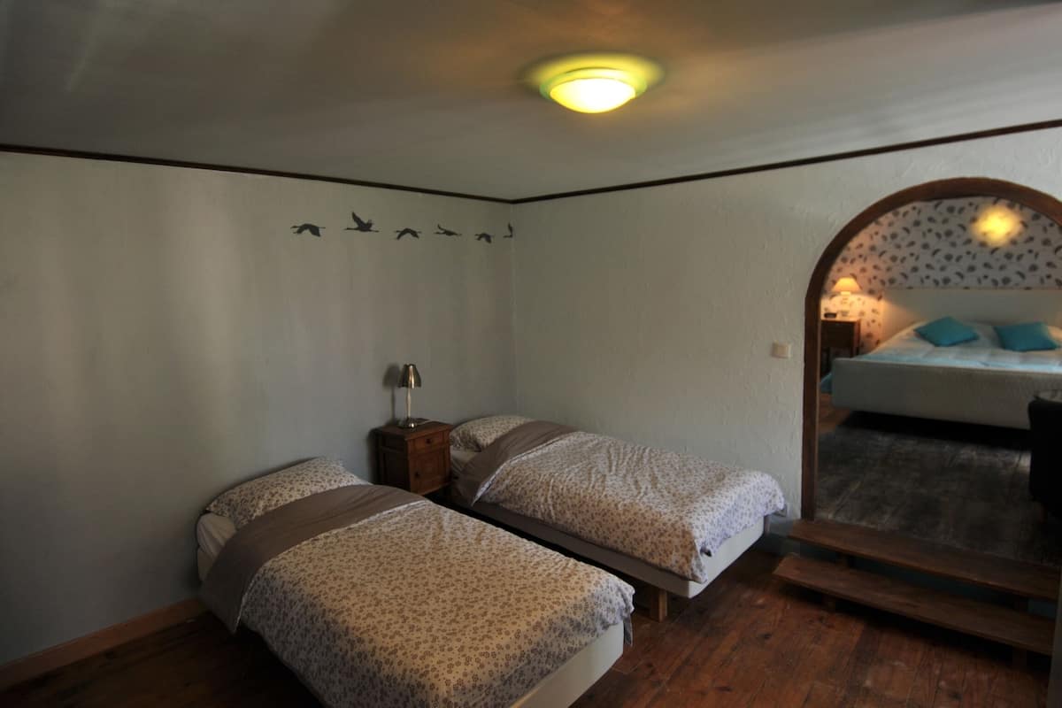 Una habitación con dos camas, una mesita de noche, una lámpara y una luz en el techo.