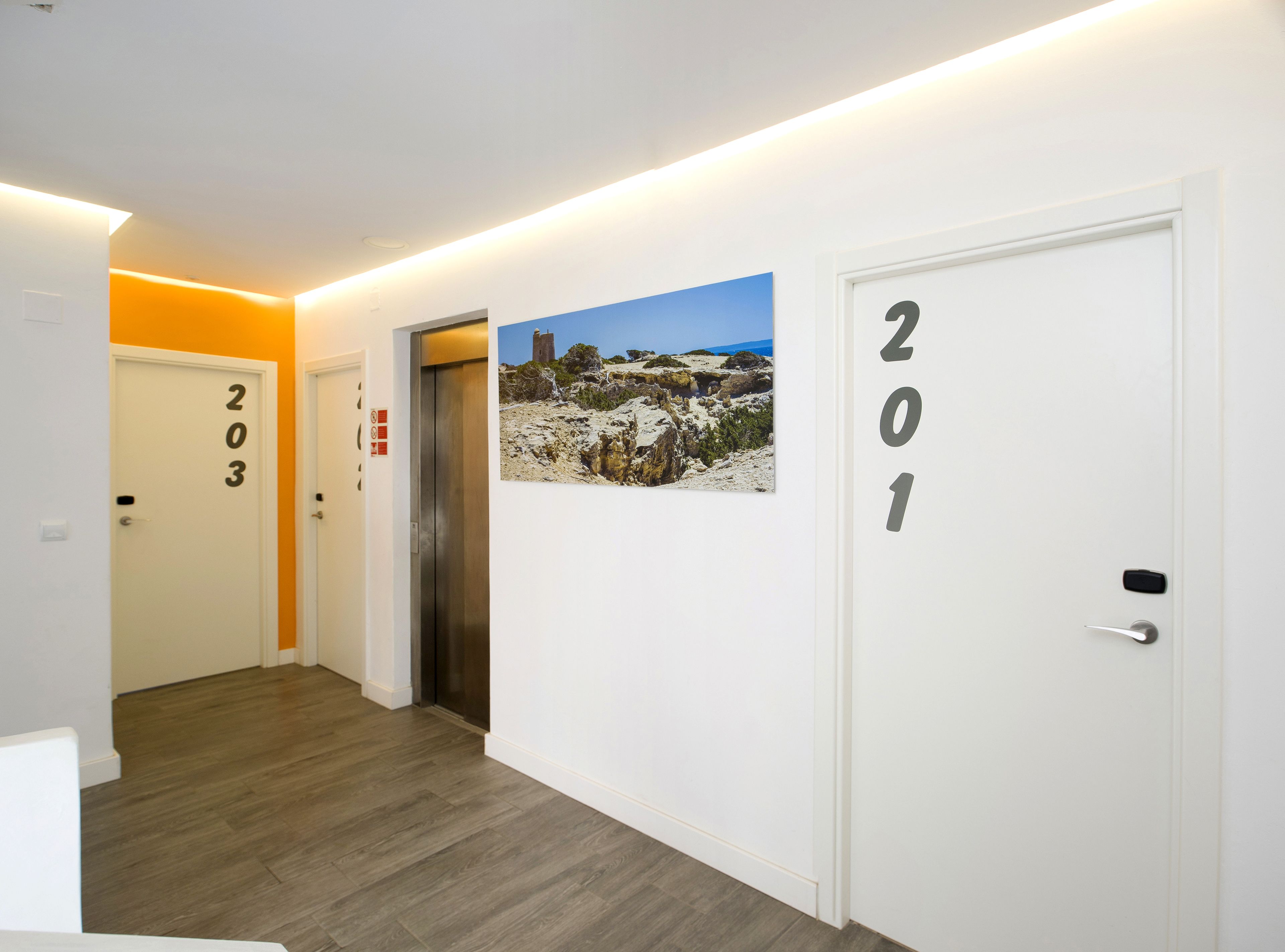 Um corredor com portas numeradas 203 e 201, um elevador e um quadro de uma paisagem rochosa na parede.