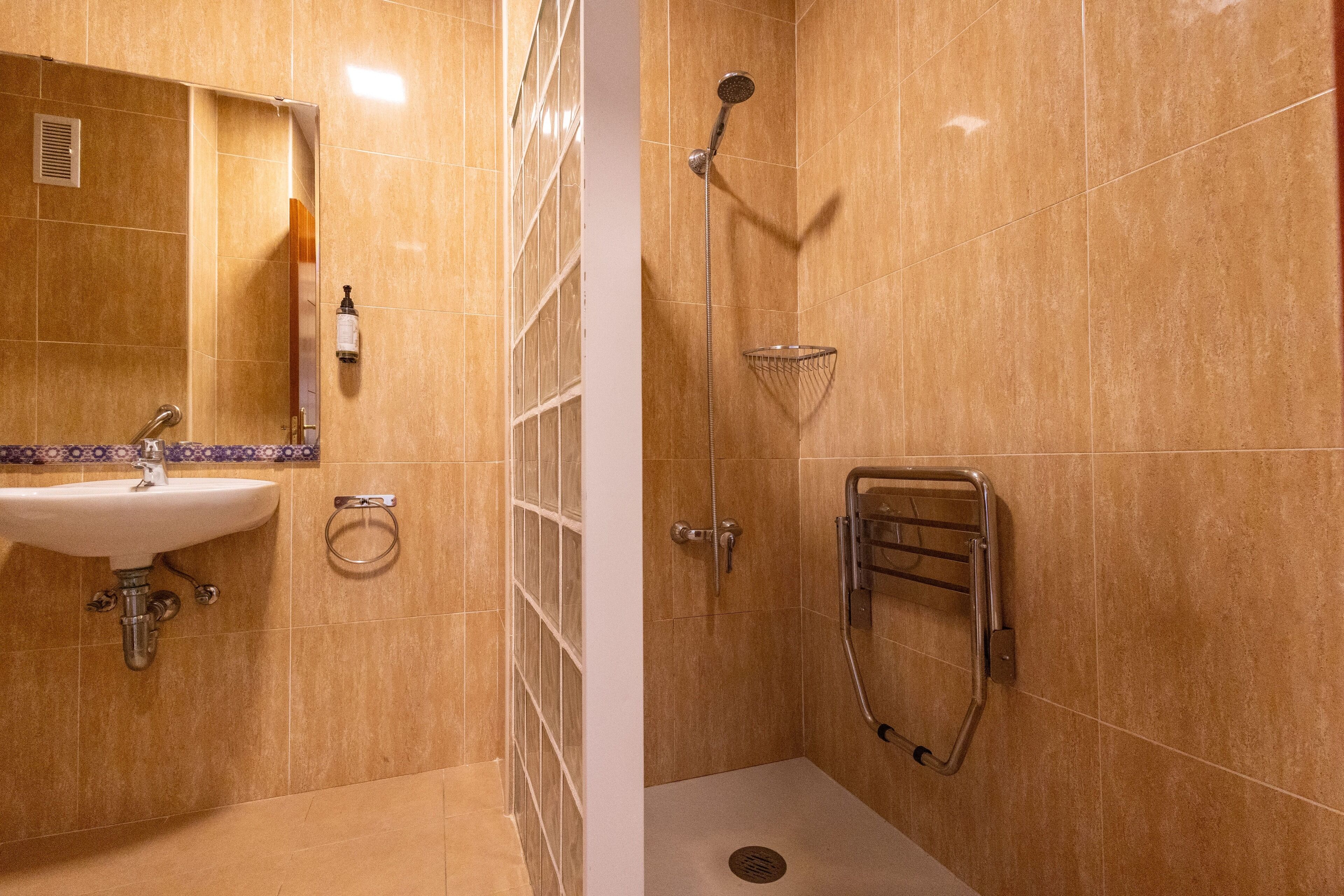 A bathroom with a sink, mirror, shower, and handrail.