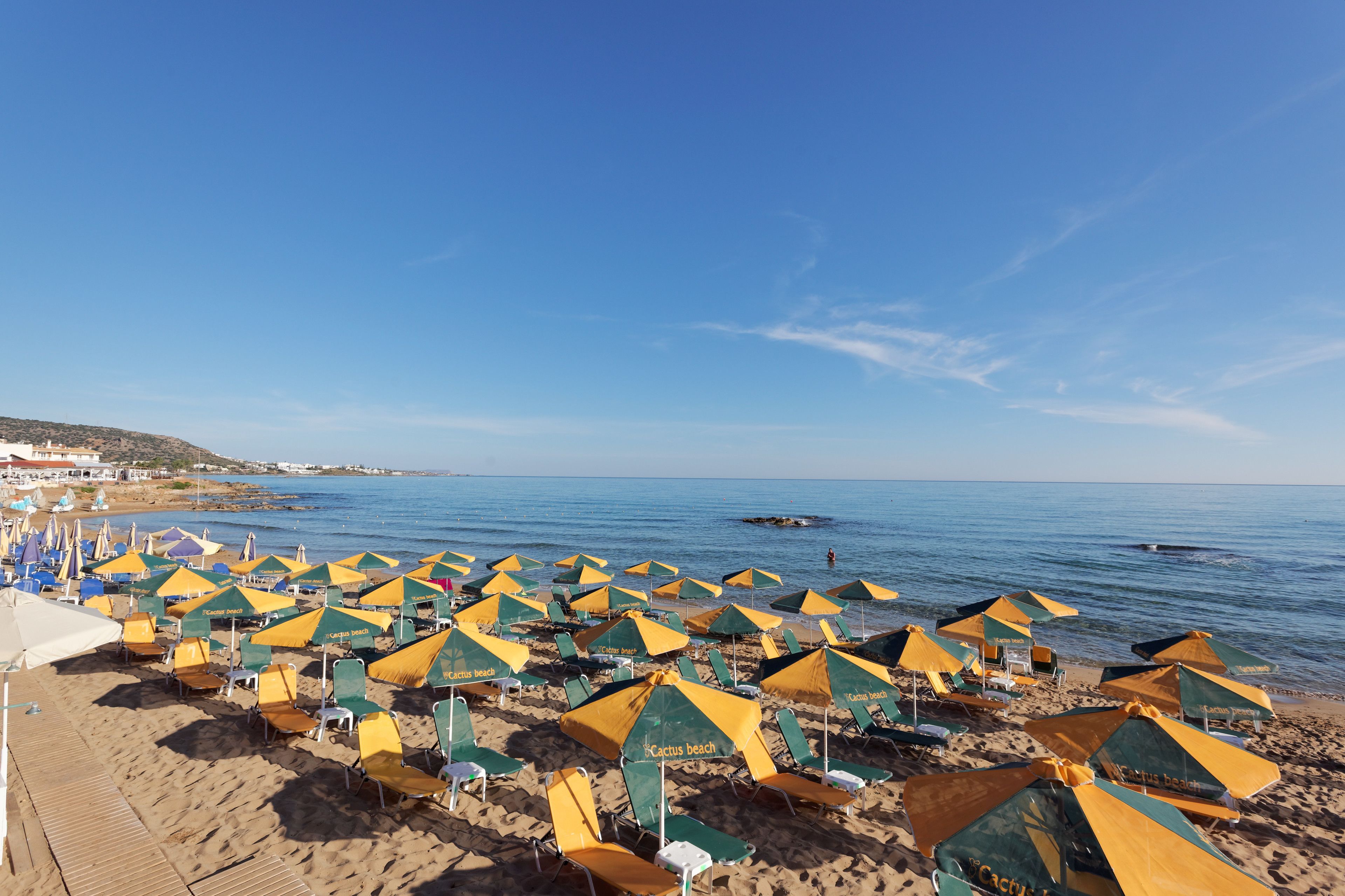A beach with rows of yellow and green umbrellas and chairs, a sandy shore, and the sea in the background.