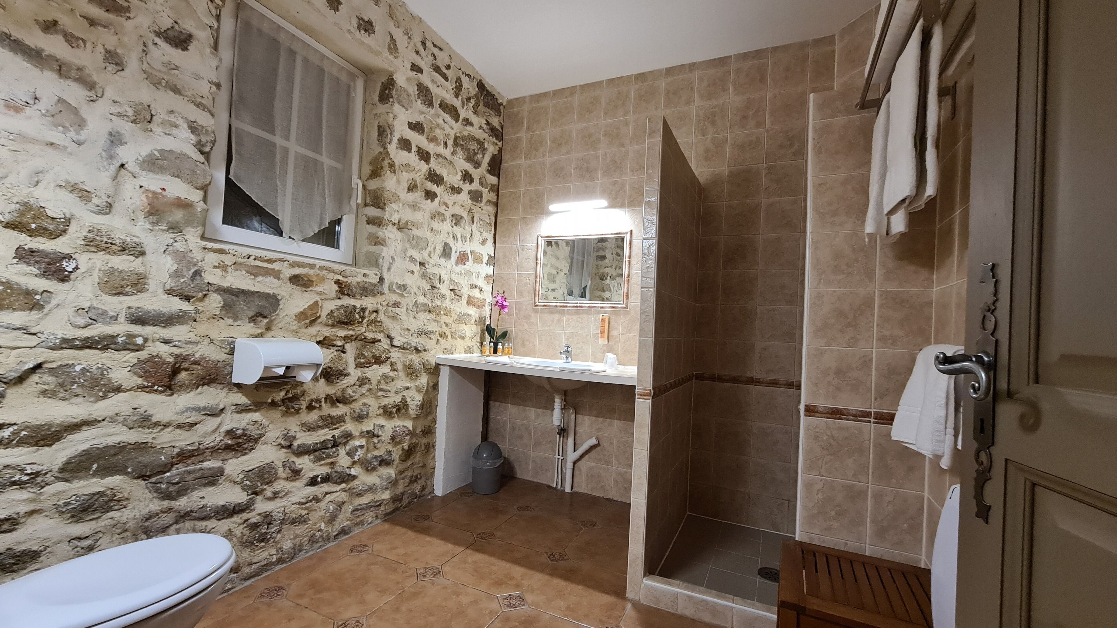 A bathroom with a stone wall, a toilet, a sink with a mirror, and a shower area.