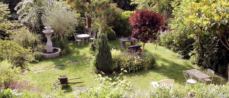 A lush garden with a variety of plants, a stone fountain, and outdoor seating.