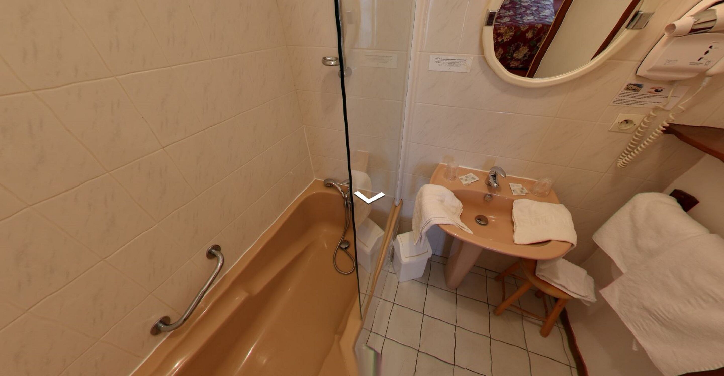 classic twin room | bathroom | rainfall showerhead, hair dryer, towels