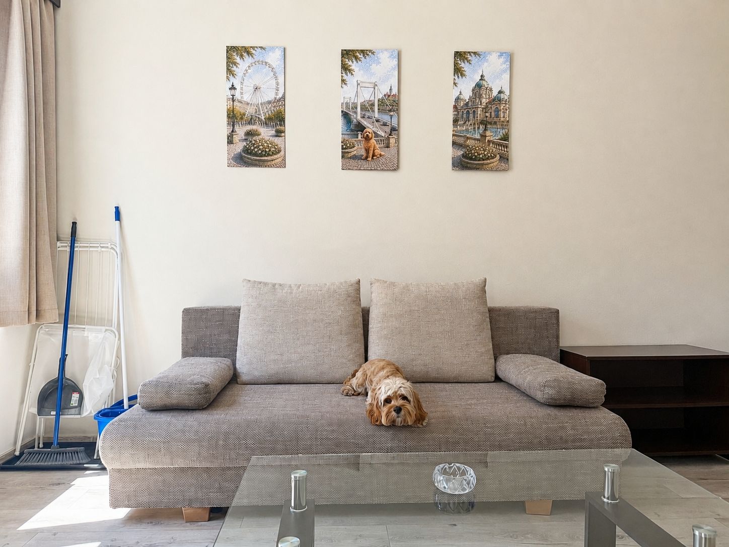 Ein Wohnzimmer mit einer Couch, einem Hund und drei gerahmten Bildern an der Wand.