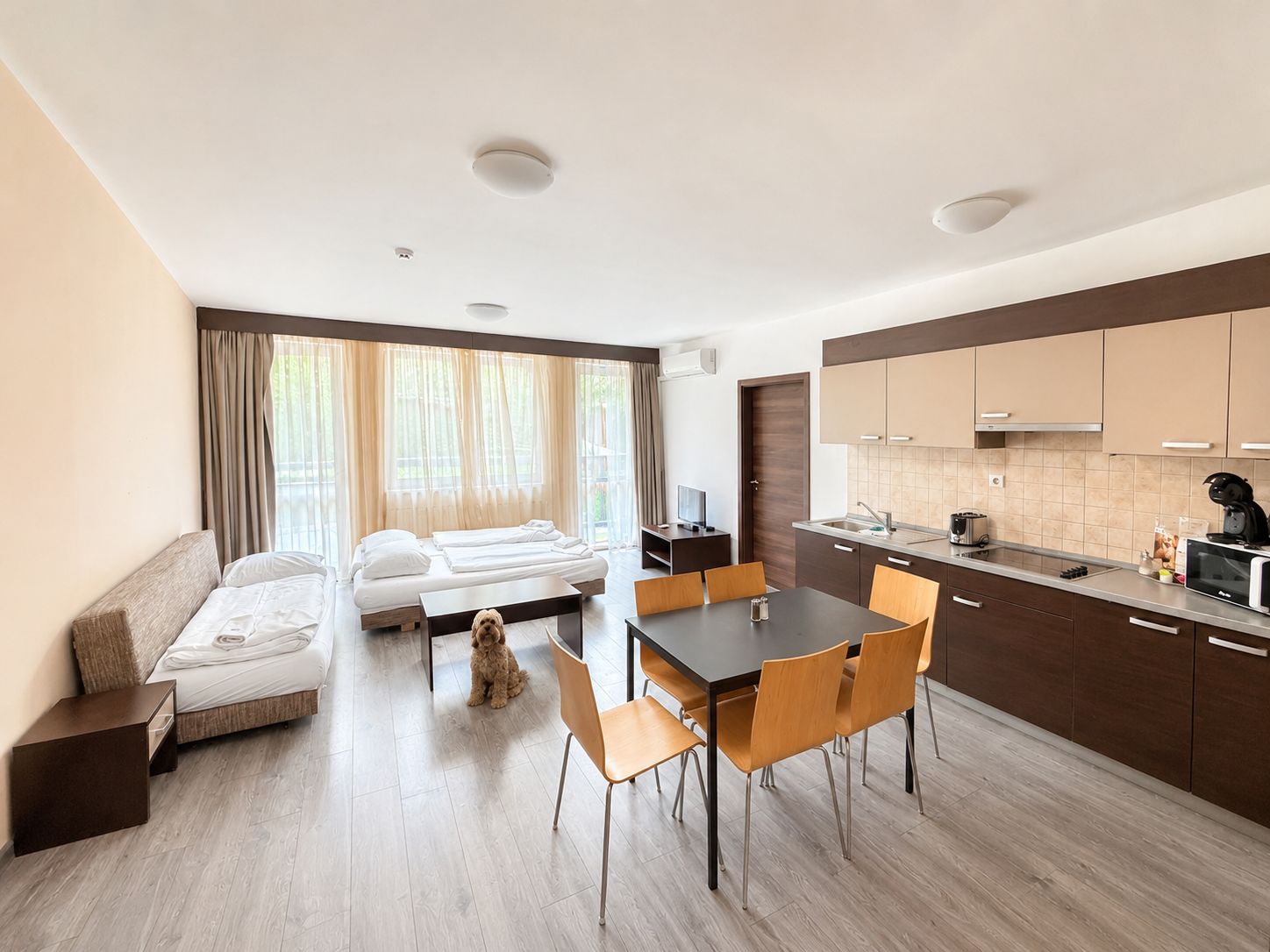 Moderni hotellihuone, jossa on sohva, ruokapöytä tuoleineen, pieni keittiö sekä koira.