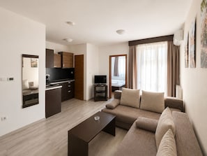 Um apartamento moderno com sala de estar, cozinha compacta e quarto com vista.